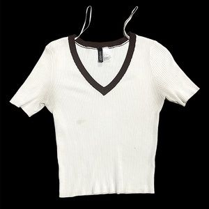 White V Neck with Brown Collar